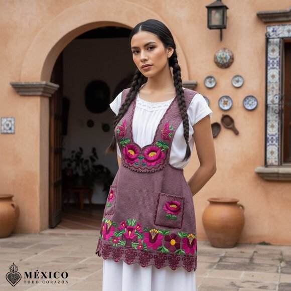 Pink Mexican Embroidered Apron – Premium Cotton Blend Apron with Fucsia Floral - Picture 3 of 8